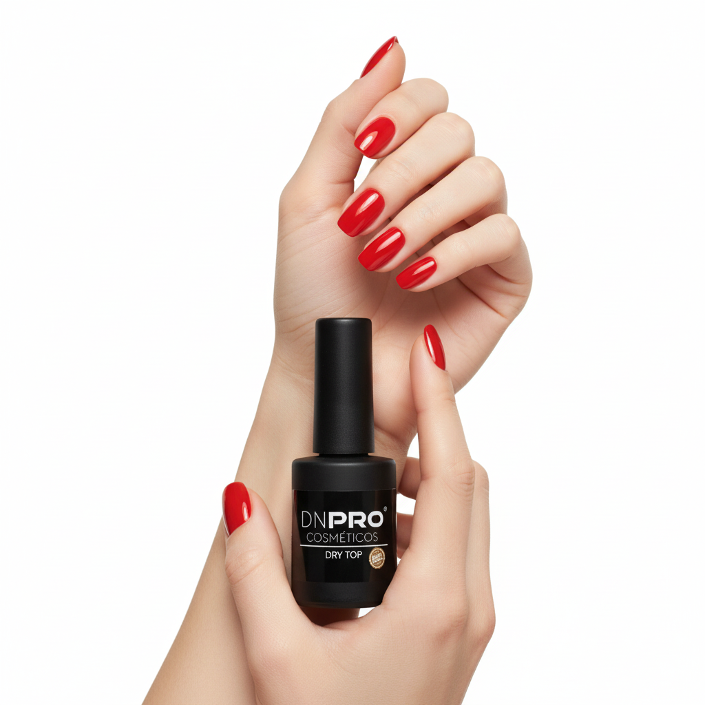 Mãos elegantes com unhas vermelhas e Dry Top DNPRO