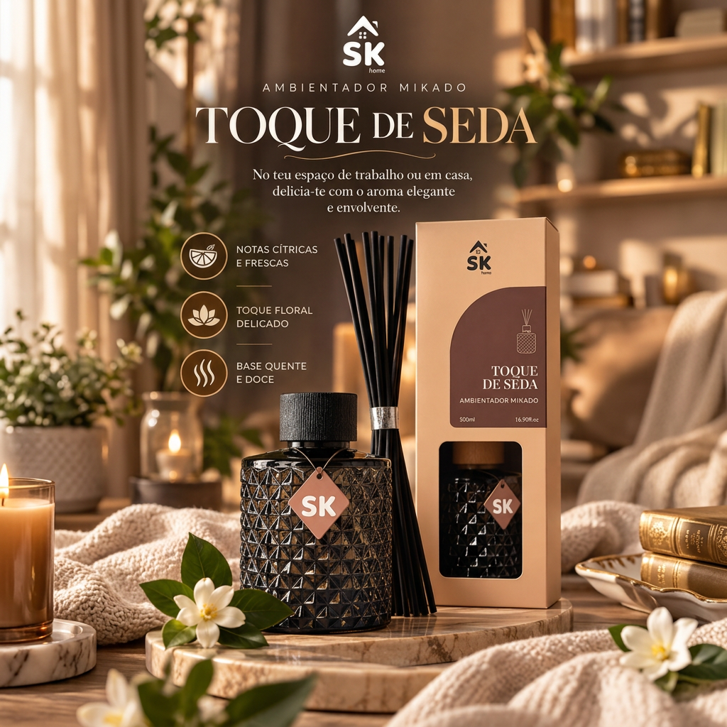 Mikado Toque de Seda com frasco preto em formato quadrado