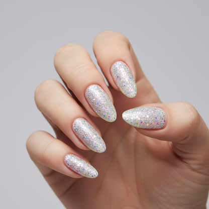 Unhas com glitter multicolorido iridescente 589