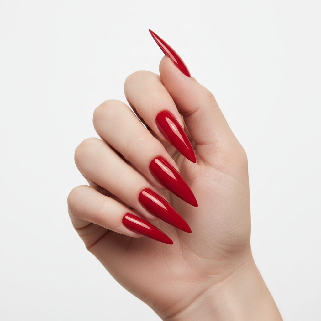 Unhas estileto vermelhas com Dry Top - anatomia correta