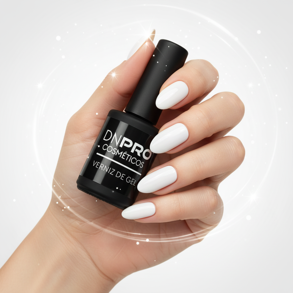 Verniz de Gel DNPRO com mão e unhas brancas